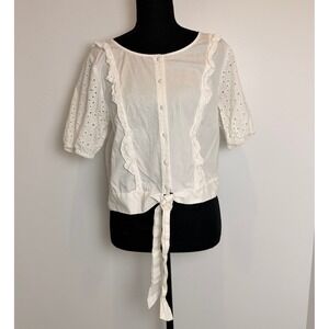 Cotton Eyelet Puff Sleeve Blouse Coquette Cottagecore Romantic Ruffle Details M